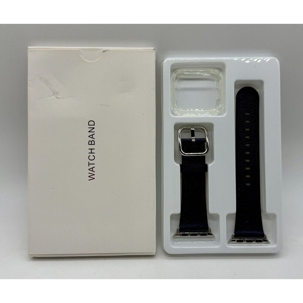 Leather Band‎ For Apple iWatch 38-40mm Series 5/4/3/2/1 Dark Blue & Clear Bezel